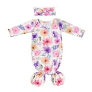 Baby Blanket Outfit Knotted Sleep Gown Sleepwear Knot Floral Long Sleeve Sleeping Gown with Headband Set Girl Baby Blankets Neutral